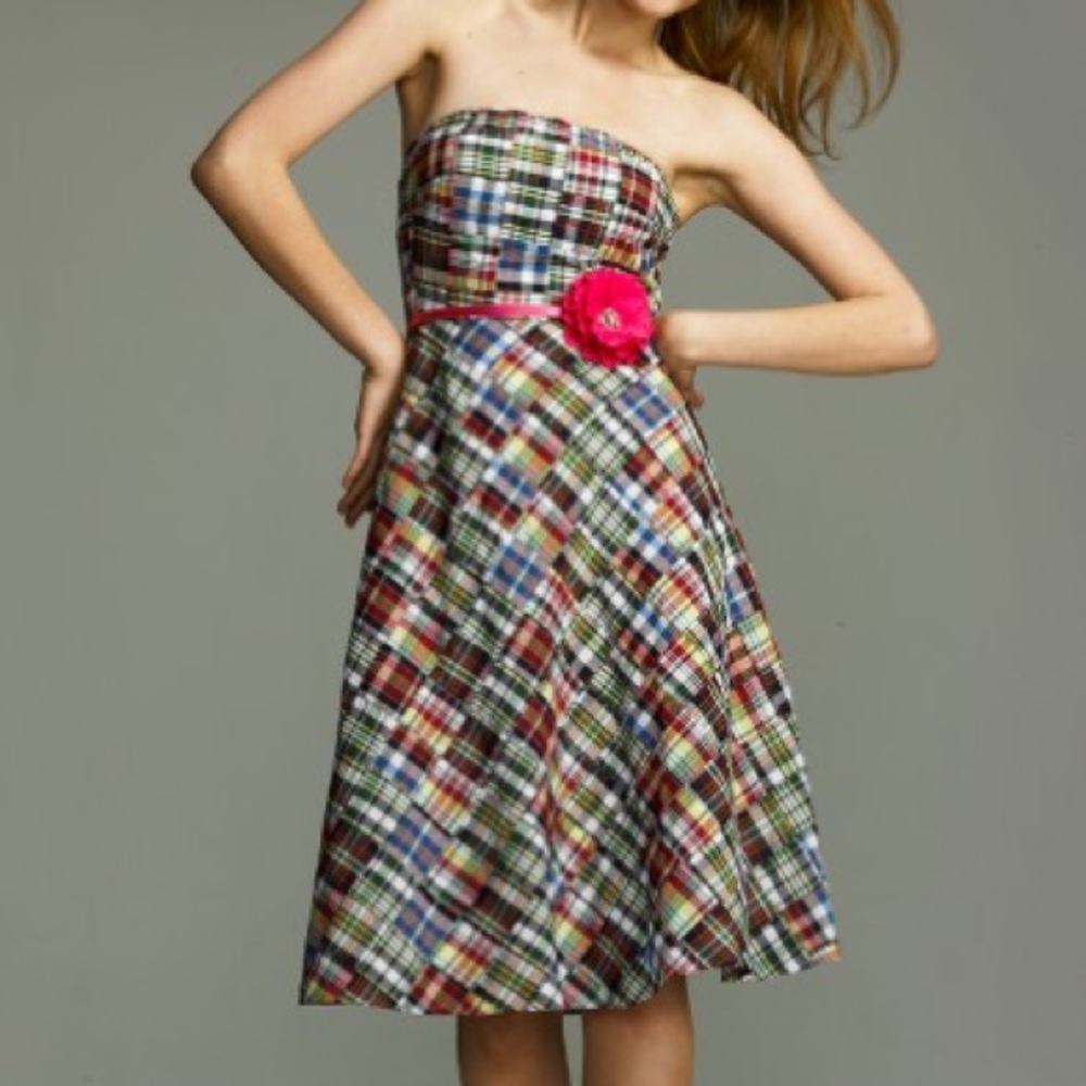 {j crew} strapless patchwork madras beach dress